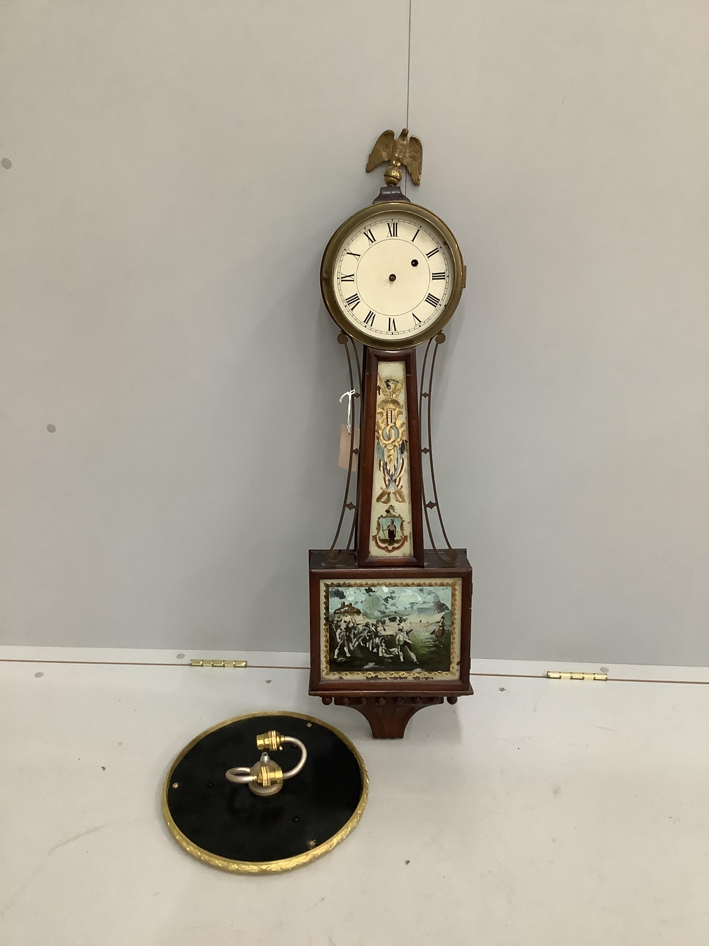 A 19th century style American drop dial wall clock, height 96cm together with a circular metal ceiling light